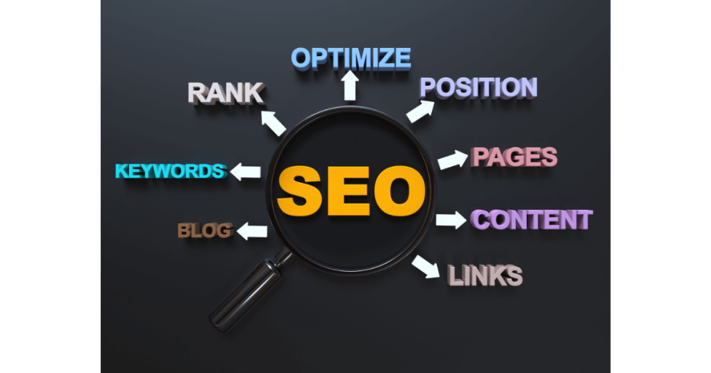 SEO magnifying glass with arrows for metrics